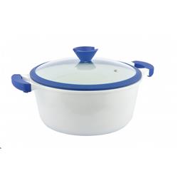 Cacerola 28 Cm Aluminio Premium Blanca Con Tapa Vidrio Blanco Con Azul