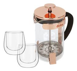 Cafetera Embolo Hudson Cobre 600 Ml + 2 Vasos Doble Vidrio Rose